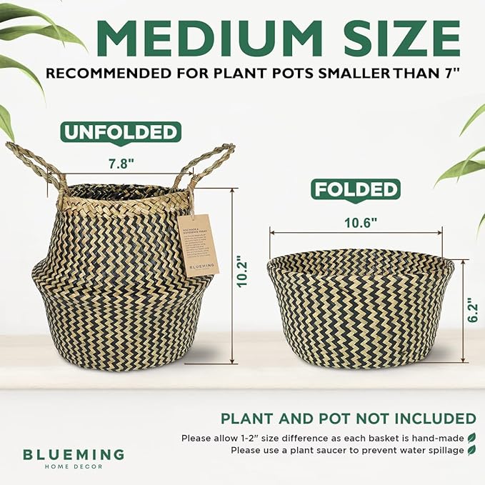 Plant Baskets – Large Seagrass Planter for Tall Indoor Faux Olive Tree, Woven Wicker Rattan Pot for Boho Decor 9-10 Inch (Black, Large & Medium)