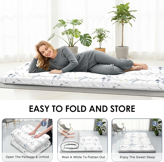 Japanese Floor Mattress, 3.5" Thicken Ink Wash Floral Pattern Portable Futon Mattress, 100% High-Density Foam Tatami Mat Sleeping Pad for Camping Guest Room Dormitory RV, White, Queen