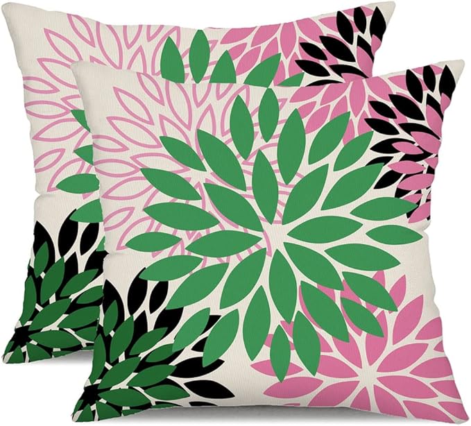DFXSZ Green Pink Black Flower Pillow Covers 16x16 Inch Set of 2 Outdoor Throw Pillows Outdoor Waterproof Decor for Living Room Sofa Patio Funiture Garden Floral Polyester Pillow Covers 012B16