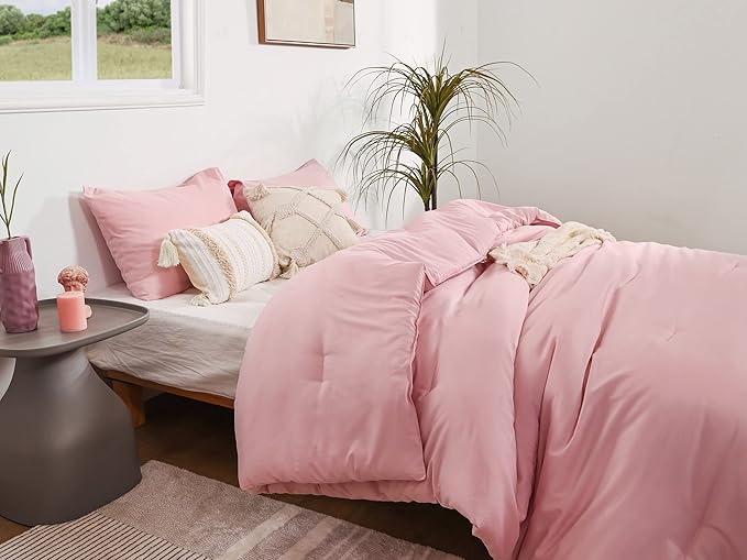 ROSGONIA Full Size Comforter Sets for Girls Boys Teens Pink, 3pcs (1 Boho Comforter & 2 Pillowcases), Lightweight Dorm Bedding Soft All Season Bed Set
