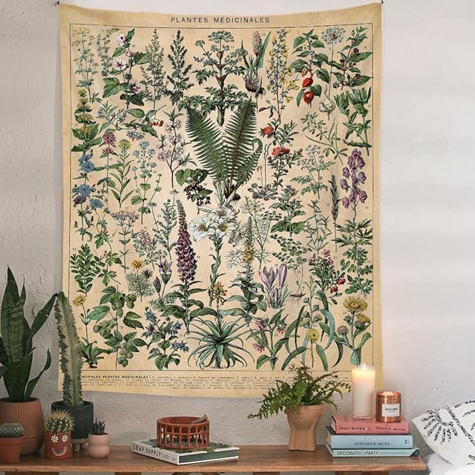 Vintage Flowers Tapestry 48”x36”, Long Vertical Wall Hanging Reference Illustrative Botanical Tapestries for Bedroom Aesthetic Floral Tapistry Botanical Plants Tapestry Wall Hanging Cute Bedroom Decor