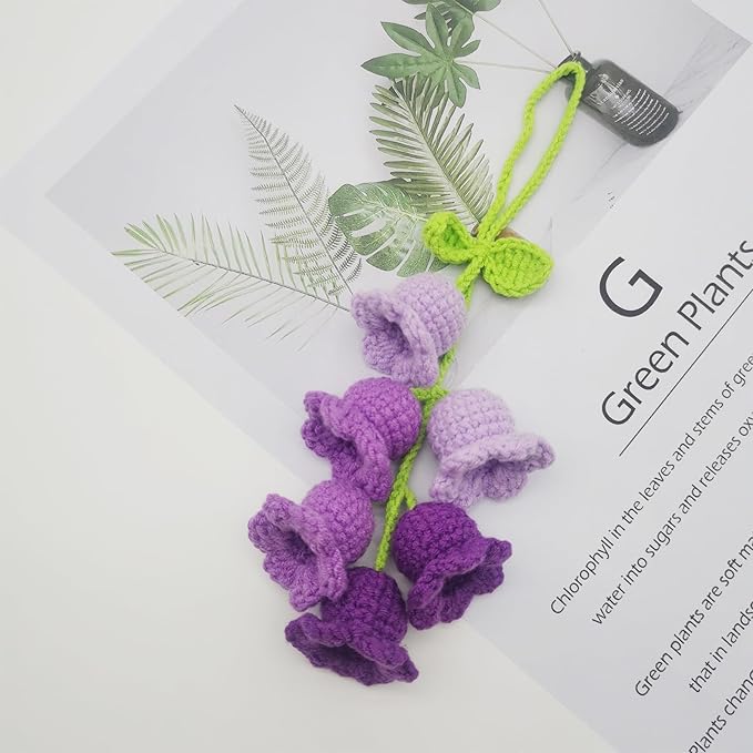 Car Rearview Mirror Hanging Ornament, Crochet Flower Basket Plant Accessory, Handmade Knitted Car Ornament Boho Accessory for Women (Lily of The Valley(Purple))