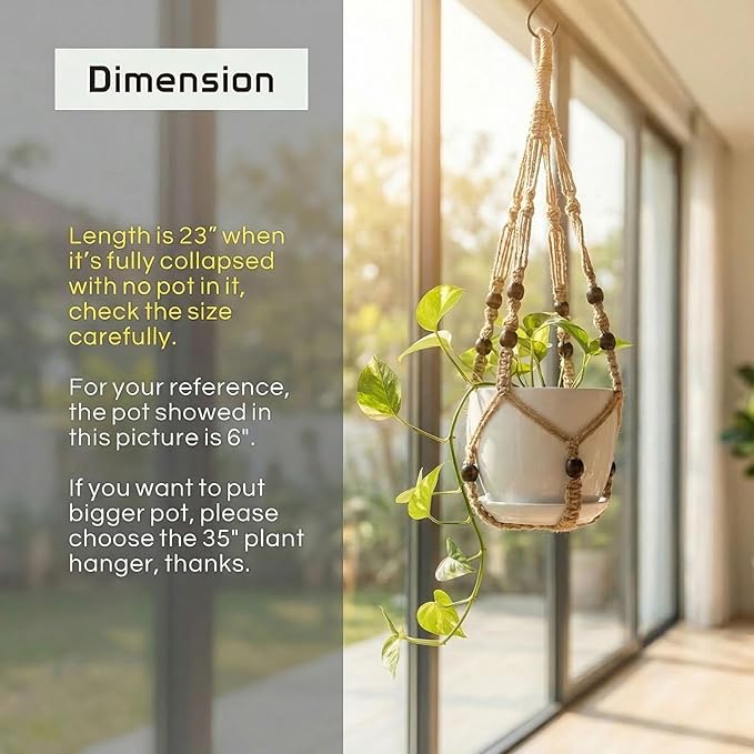 Macrame Plant Hanger 23", Set of 2 No Tassel Hanging Plant Holder Indoor, Sturdy Flower Pot Holder with Hooks - Brown (Pot NOT Included)