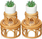 Wenqik 4 Pcs Boho Rattan Plant Stand Woven Wicker Round Riser Stand Indoor Rustic Farmhouse Natural Circle Plant Pedestal Round Accent Centerpiece for Home Kitchen Office Display, 2 Size