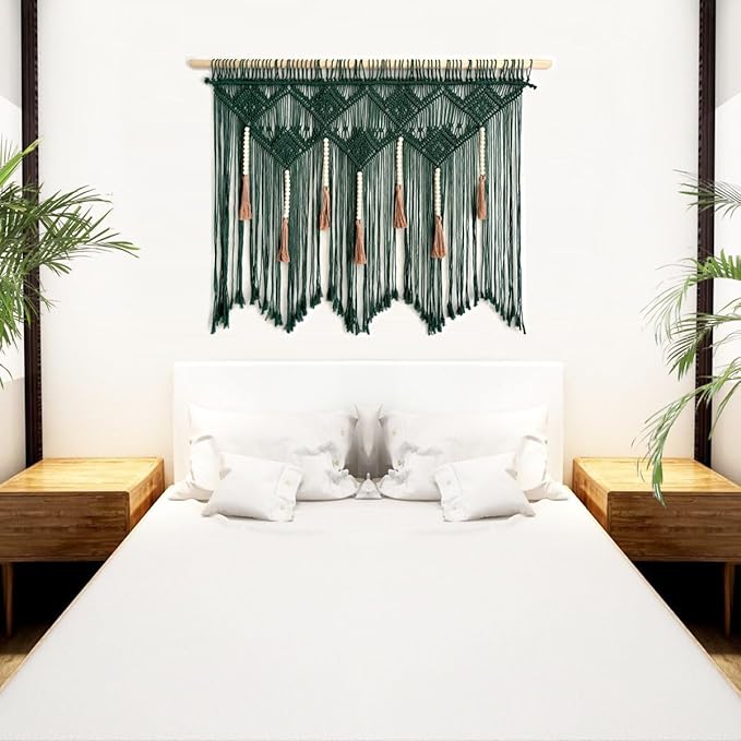 Youngeast Large Macrame Wall Hanging Boho Woven Tapestry Bohemian Macrame Wall Decor Handmade Tassel Tapestry Home Decoration for Bedroom Living Room 39"X31" (Wood Dowels Not Included) (Dark Green)