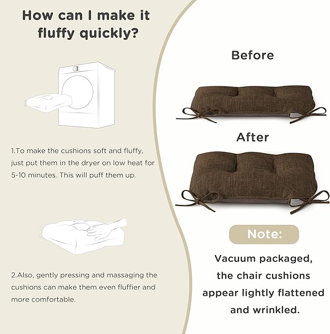 AddGrace Chair Cushions for Dining Chairs Set of 4 Kitchen Seat Cushions with Ties and Non Slip Backing Tufted Indoor Seat Pad for Kitchen Dining Room 18" x 17" x 3" Coffee