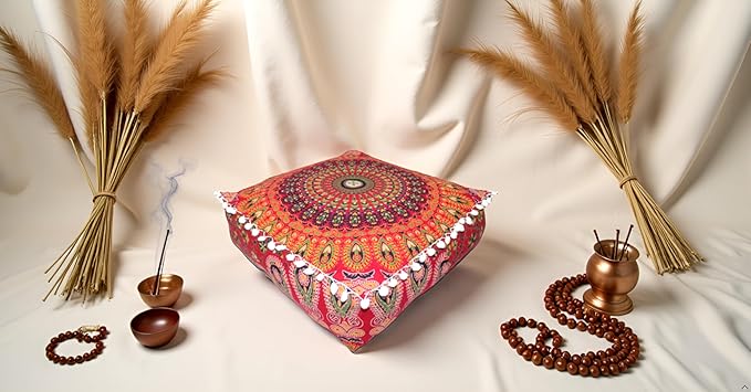 CRAFT KALA Red Peacock Large Hippie Mandala Meditation Floor Ottoman Pillow Cushion Pouf Cover Square Poufs Bohemian Circle Floor Cushion Case Outdoor Fireplace Yoga Living Room Decor Cover 24" Square