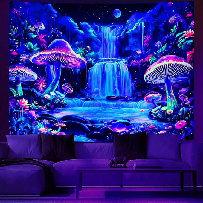 Dermijer Blacklight Tapestry Fantasy Mushroom Forest Tapestry UV Reactive Waterfall Tapestries Moon Night Neon Flower Landscape Tapestries Wall Hanging for Home Decor L59.1×W51.2