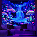 Dermijer Blacklight Tapestry Fantasy Mushroom Forest Tapestry UV Reactive Waterfall Tapestries Moon Night Neon Flower Landscape Tapestries Wall Hanging for Home Decor L59.1×W51.2