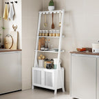 4-Tier Ladder Shelf with Drawers 59.5"H x 24.8"L x 10.6"W, Ladder Bookshelf with 6 Hooks, Tall Narrow Retro Bookcase, Freestanding Storage Shelf for Living Room, Home Office, Bedroom, White