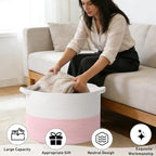 115L Large Blanket Basket,23.6" L x 23.6" W x 15.7" H Rope Woven Baskets with Handles, Toys Storage Bins,Laundry Basket Perfect for Living Room, Nursery,Bedroom,Home Organization,White&Pink