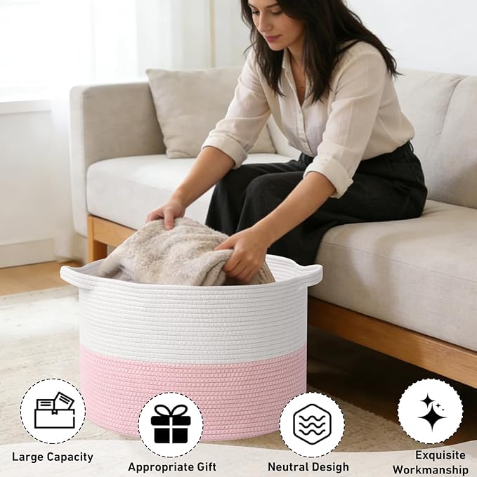 90L Large Blanket Basket,21.7"L x 21.7"W x 13.8"H Rope Woven Baskets with Handles, Toys Storage Bins,Laundry Basket Perfect for Living Room, Nursery,Bedroom,Home Organization,White&Pink