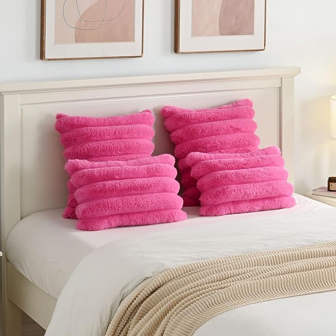 FUTEI Hot Pink Decorative Throw Pillow Covers 18x18 Inch Set of 2, Square Soft Faux Rabbit Fur Thick Striped Cushion Cover,Spring Home Decor for Couch Bed Living Room