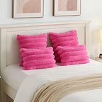 FUTEI Hot Pink Decorative Throw Pillow Covers 16x16 Inch Set of 2, Square Soft Faux Rabbit Fur Thick Striped Cushion Cover,Spring Home Decor for Couch Bed Living Room