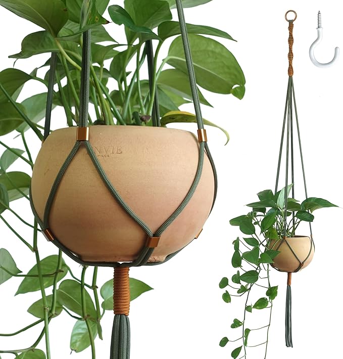 Macrame Plant Hanger Polyester Rope 42 Inch Outdoor Indoor Adjustable Hanging Planter for up to 10 Inch Plant Pot Modern Boho Home Decor (1, Forest Green/Burnt Orange)