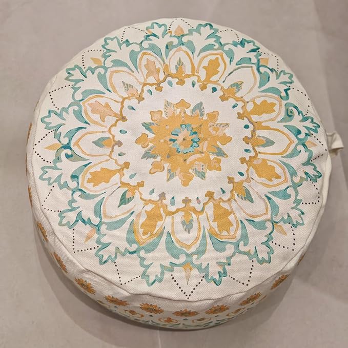 MOCOFO Round Bohemian Ottoman Pouf Cover, 18 Inch, Cotton Blend, Church Window Print, Living Room Storage Footrest, Cover Only (Light Tie-dye Cyan)