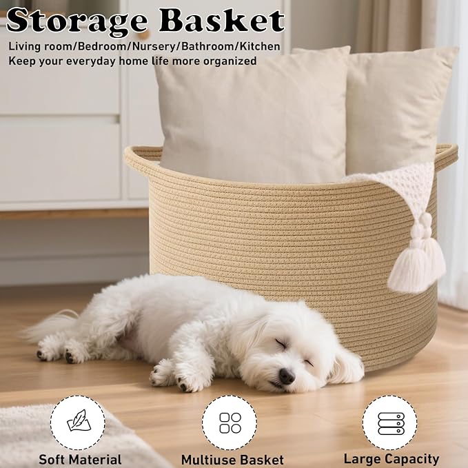 90L Large Blanket Basket,21.7"L x 21.7"W x 13.8"H Rope Woven Baskets with Handles, Toys Storage Bins,Laundry Basket Perfect for Living Room, Nursery,Bedroom,Home Organization,Camel