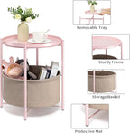 danpinera Round Side Table with Fabric Storage Basket, Metal Side Table Small Bedside Nightstand with Removable Tray Top for Living Room, Bedroom, Nursery, Laundry, Light Pink