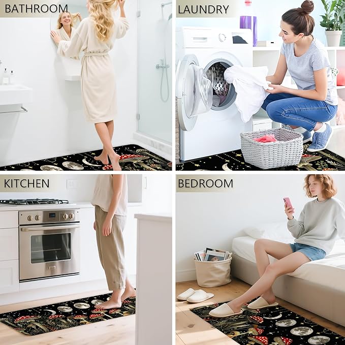Mushrooms Rugs for Kitchen Floor,Moon Anti Fatigue Mats for Kitchen Floor Non Slip, 2PCS Rubber Kitchen Mat, Washable Cushioned Runner Carpet Rug for Sink Laundry 15.7"×27.5" +15.7"×47" 3.5mm Black