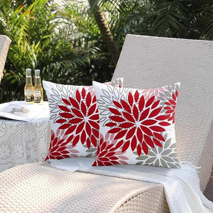 DFXSZ Red Pink Flower Pillow Covers 20x20 Inch Set of 2 Valentines Day Pillow Covers Outdoor Waterproof Decor for Living Room Sofa Patio Funiture Garden Floral Polyester pillowcovers 012F20