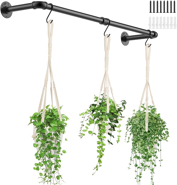 Plant Hanging Rod, with 3Pcs Macrame Plant Hangers and 3 Hooks, 32" Plant Hanger Indoor, Hanging Planter for Indoor Plants, Window Wall Ceiling Plant Hanger (POTS & PLANTS NOT INCLUDED)…