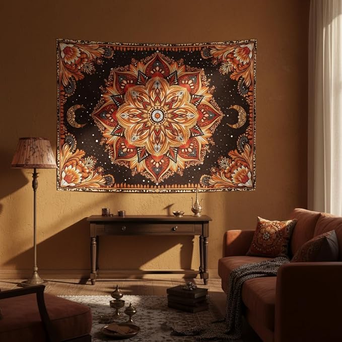 Accnicc Mandala Floral Tapestry Wall Hanging Boho Orange Red Tapestry Aesthetic Hippie Vintage Bohemian Flower Celestial Indian Cute Small Tapestries for Bedroom Living Room Dorm Decor 48 x 36 Inch