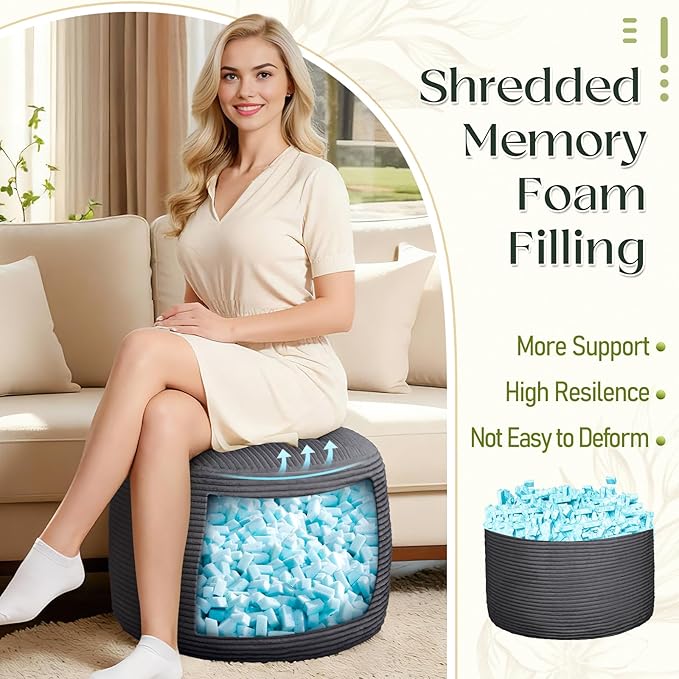 Round Corduroy Ottoman Foot Rest Pouf for Living Room Couch - Soft Plush Shredded Foam Filled Hassock Stool, Comfy Footstool