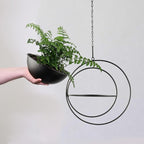 Hajia 1 Pack Moon Shaped Hanging Plant Holder with 8 Inch Detachable Pot, Black Metal Plant Hanger for Indoor Outdoor, Minimalist Hanging Planter for Wall Ceiling Decor.（with Drainage Holes）