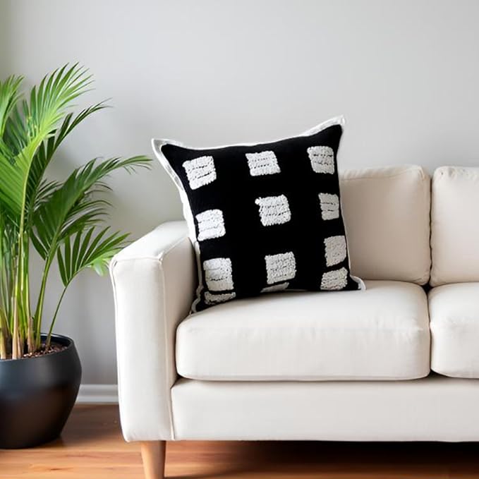 Tufted Boho Throw Pillow Cover, Soft and Luxurious Chenille Fabric, 18x18 inches, Decorative Black and White Pillowcase for Couch, Bedroom, Living Room, Modern Pillowcase for Home Decor