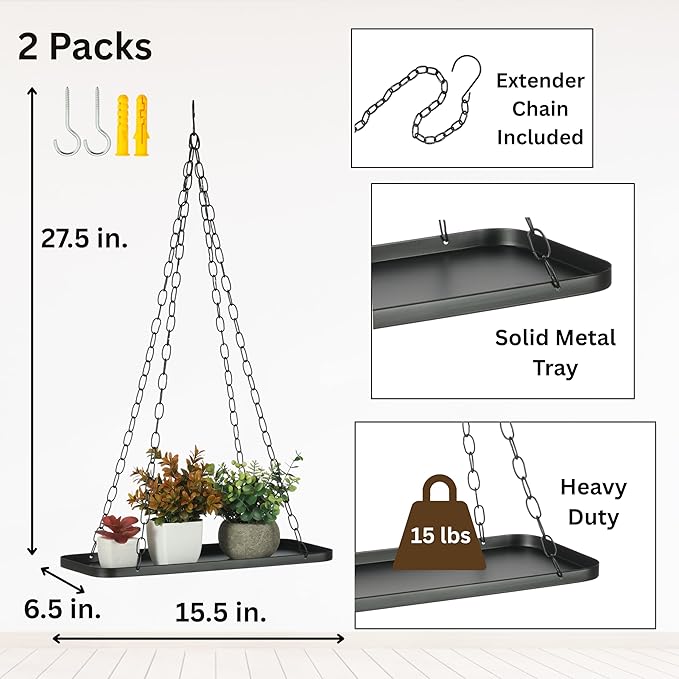 2 Pack Plant Hanger Indoor Outdoor (Length -15.5"), Metal Hanging Plant Shelf, Large Hanging Planter for Indoor Plants | Hanging Plant Holder, Extender Chain, NO Plant/Pot incld (2 Packs)