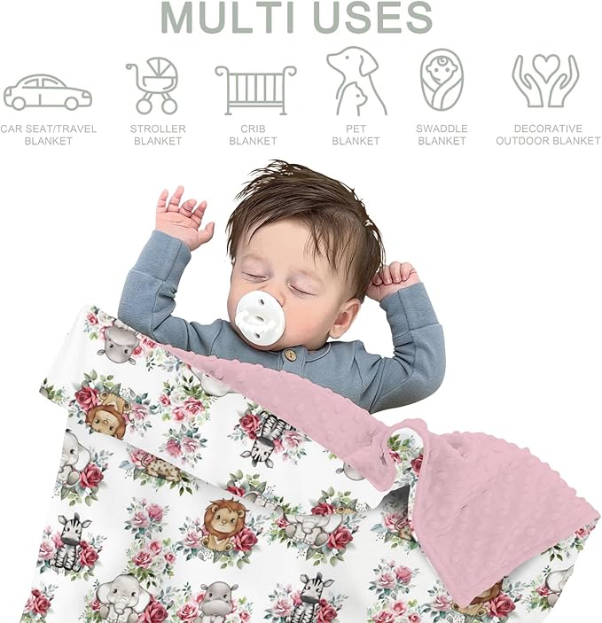 Cute Jungle Safari Animals Roses Leaves Baby Blankets for Girl Boy Lion Giraffe Elephant Zebra Soft Mink Dotted Backing Double Layer Swaddle Blanket Bed Throw for Newborn Infant Toddler Nursery 30x40