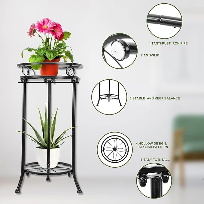 THKFUL 2Pack Plant Stand Indoor Outdoor,20.3" Heavy Duty Metal Pot Plants Stands for Multiple Plant,2 Tier Corner Flower Pot Stand Holder Rack Planter Display for Patio Garden Balcony(Black)