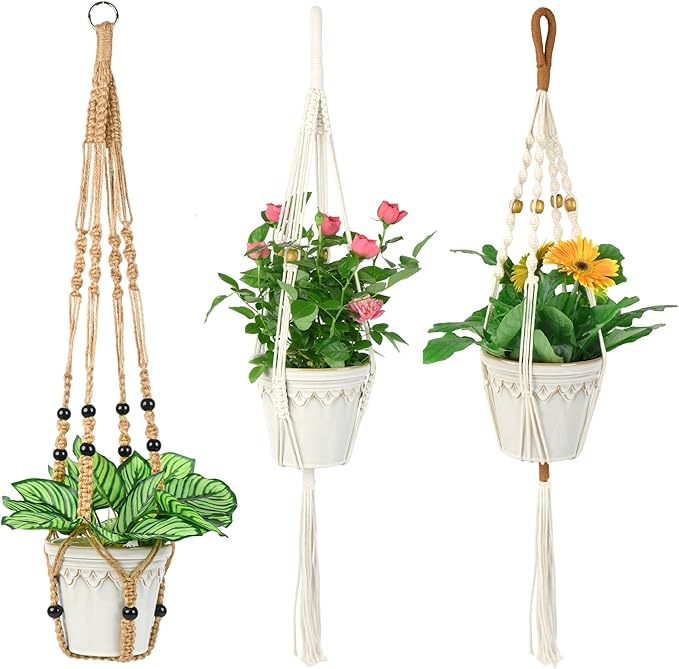 BB FUN HOUSE Macrame Plant Hanger Indoor Hanging Planter Basket with Wood Beads Decorative Flower Pot Holder No Tassels for Indoor Outdoor Boho Home Decor 35 Inch (POTS NOT Included)