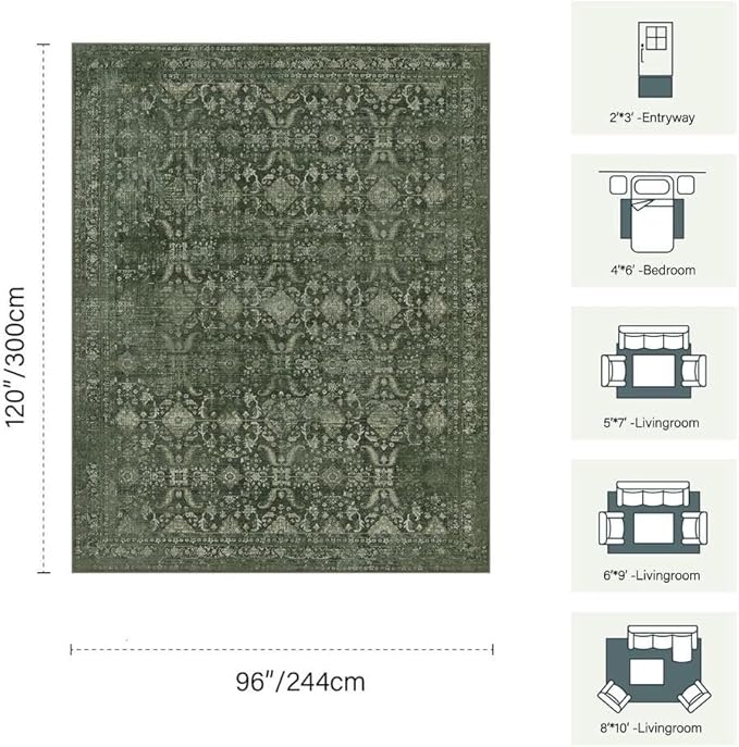 8x10 Area Rugs for Living Room Bedroom, Large Washable Rug, Green Vintage Floral Boho Rug, Non Slip & Low Pile Faux Wool Thin Carpet for Indoor Dining Room and Kids Room(Green 8x10ft)