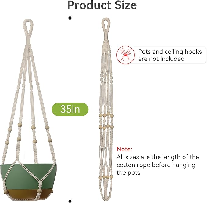 USLAI Macrame Plant Hanger Indoor Outdoor, Fits 4 to 15 Inch Pots, Strong Hanging Planter Holder, Boho Home Decor, 35 Inch, Ivory, Set of 2 (POTS NOT Included)