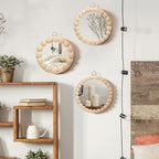 Novabright 3 Pcs Boho Mirror Wall Decor 4.72 Inch Small Round Circle Decorative Mirrors with Wood Bead Hanging Wall Art for Farmhouse Rustic Home Living Room, Bedroom, Bathroom, Entryway