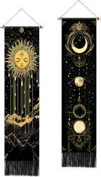 AOHMPT Pack of 2 Long Vertical Tapestry,Nature Landscape Tapestry with Serene Mountain River, Moon & Sun Motifs,Traditional Ink Painting Wall Art,Zen Aesthetic Wall Hanging for Living Room Bedroom Decor 13" W x 51" H"