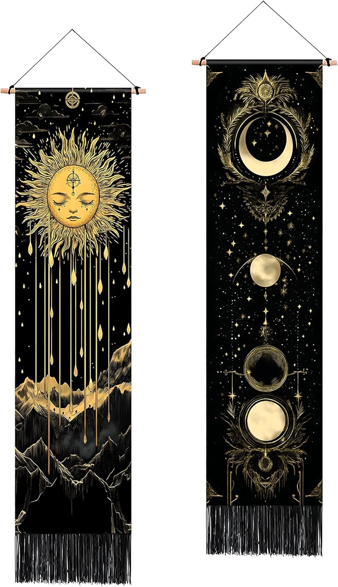 AOHMPT Pack of 2 Long Vertical Tapestry,Nature Landscape Tapestry with Serene Mountain River, Moon & Sun Motifs,Traditional Ink Painting Wall Art,Zen Aesthetic Wall Hanging for Living Room Bedroom Decor 13" W x 51" H"
