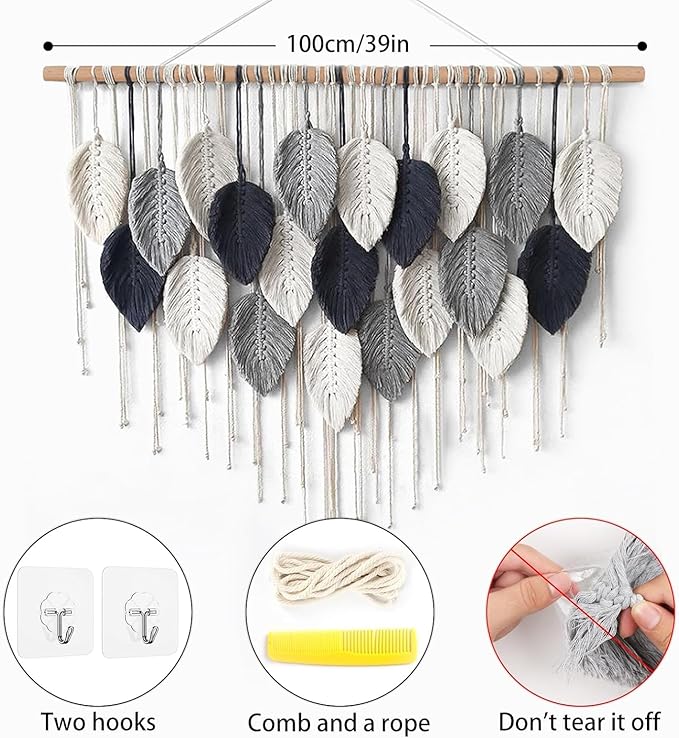Weldomcor Macrame Wall Hanging Leaf Woven Tapestry Bohemian Chic Wall Hanging Feather Large Handmade Wall Art Decor for Bedroom Living Room Apartment Ornament, 39 inch