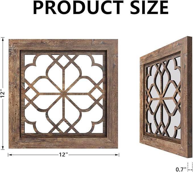 Boho Wall Mirror Decor, Set of 2 Rustic Farmhouse Mirror 12x12 Inch, Square Shatterproof Vintage Style Mirrors for Wall, Small Decorative Mirrors for Living Room, Bedroom(Redbrown)