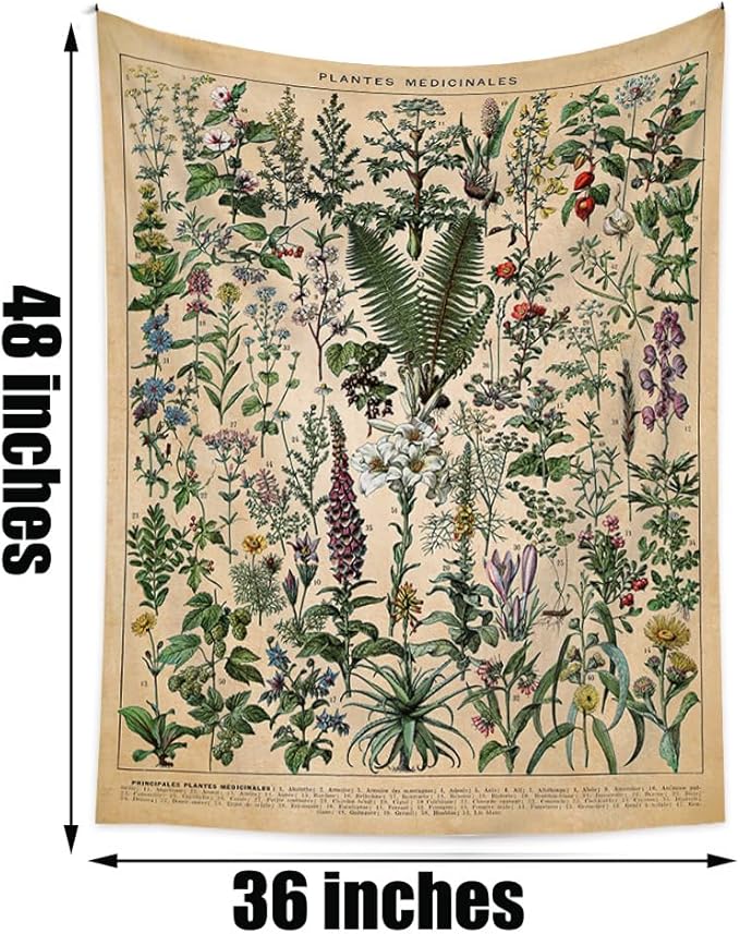 Vintage Flowers Tapestry 48”x36”, Long Vertical Wall Hanging Reference Illustrative Botanical Tapestries for Bedroom Aesthetic Floral Tapistry Botanical Plants Tapestry Wall Hanging Cute Bedroom Decor