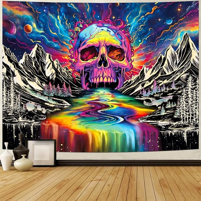 Lahasbja Blacklight Skull Tapestry UV Reactive Galaxy Mountain Planet Tapestries Magic Neon River Wall Hanging Aesthetic Skeleton Wall Decor Forest Trees Landscape Backdrop for Living Room