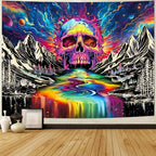 Lahasbja Blacklight Skull Tapestry UV Reactive Galaxy Mountain Planet Tapestries Magic Neon River Wall Hanging Aesthetic Skeleton Wall Decor Forest Trees Landscape Backdrop for Living Room