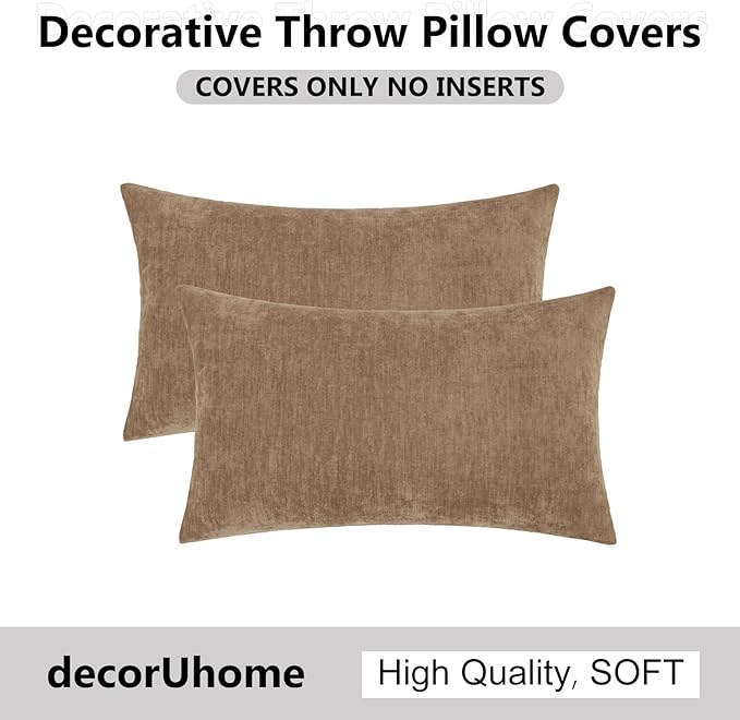 decorUhome Chenille Brown Spring Throw Pillow Covers 12x20 Inch Set of 2, Decorative Soft Couch Pillow Covers Solid Dyed Accent Farmhouse Neutral Rectangle Pillow Cases for Sofa