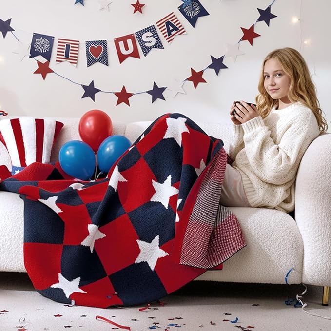 Amélie Home Patriotic Ultra Soft Knit Chenille Throw Blanket - Red White Blue Stars American Flag Pattern Cozy Blankets for Couch, 4th of July Memorial Independence Day Gifts, 50"x60", Red&Blue