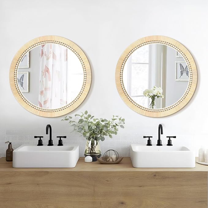 ULIKE Rattan Wicker Mirror for Bathroom, 30 Inch Boho Woven Decorative for Wall, Rustic Farmhouse Vanity Mirror, Round Rattan Mirrors for Living Room Entryway Bathroom Bedroom