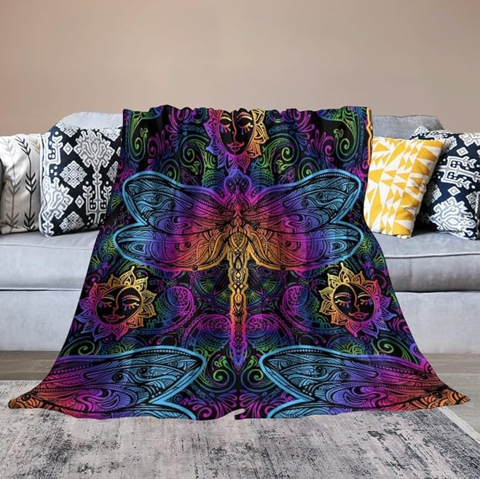 Mandala Boho Throw Blanket Colorful Dragonfly Sun Bohemian Blanket for Sofa Bed Couch Chair Or Dorm 60"x80"