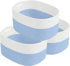 Cotton Rope Storage Basket, 15x10x9 Inches, Woven Basket for Shelves, Clothes, Towels, Books, and Laundry, White Blue (3 Pack)