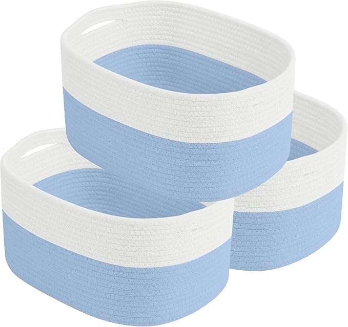Cotton Rope Storage Basket, 15x10x9 Inches, Woven Basket for Shelves, Clothes, Towels, Books, and Laundry, White Blue (3 Pack)