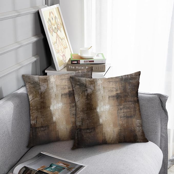 Britimes Throw Pillow Covers Modern Home Art Decor, 18 x 18 Inches Set of 2 Abstract Oil Painting Pillowcases for Bedroom, Living Room, Cushion Couch Sofa, Brown Grey Beige